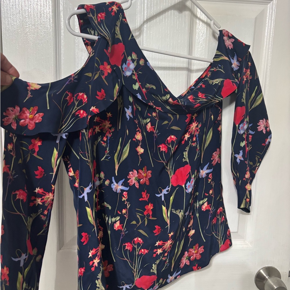 Parker 100% silk  Navy Floral Off-Shoulder Blouse